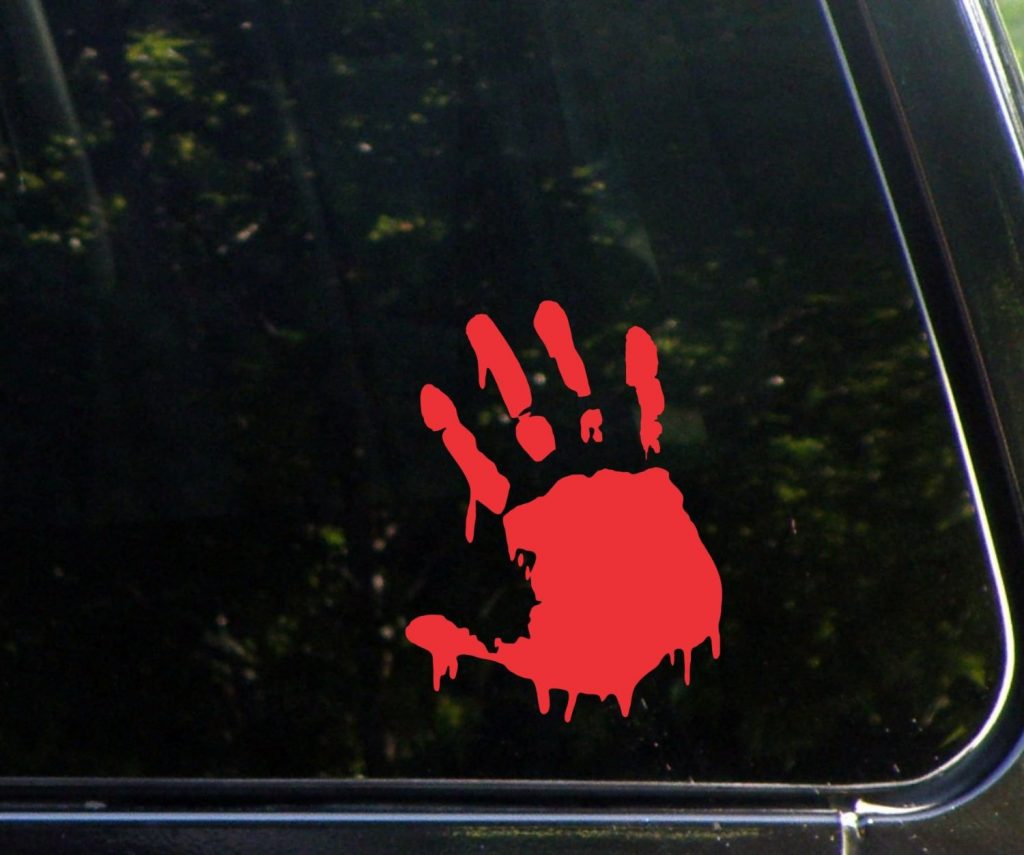 Bloody Hand Print Zombie Stickers - https://customstickershop.us/product-category/zombie-stickers/