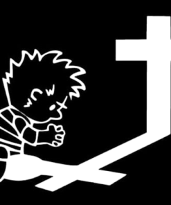 Calvin Praying at Cross Window Decal Sticker