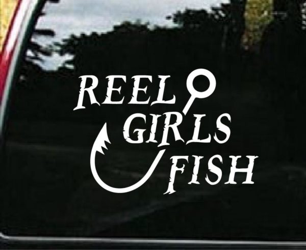 10in x 3in Rod Reel Girls Fish Vinyl Car Bumper Sticker Decal Window Stickers  Decals 