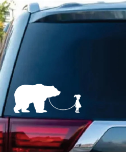 Girl Walking A Bear window decal Sticker