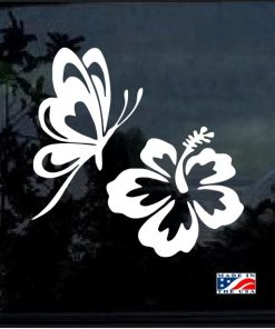 Butterfly & Hibiscus Flower Car Window Vinyl Decal Sticker