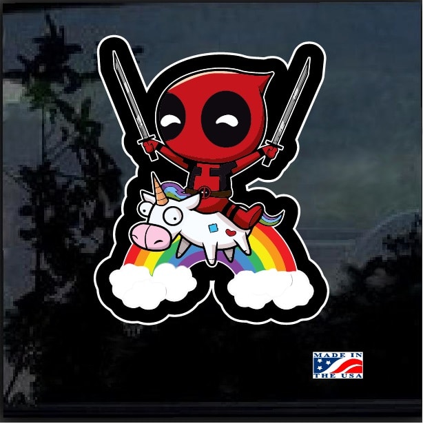 Deadpool riding a Unicorn Full Color Decal Sticker