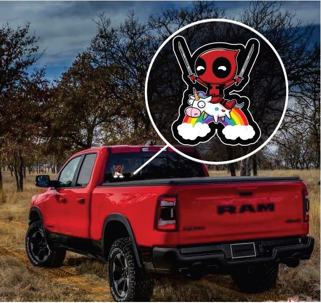 Deadpool riding unicorn truck window decal sticker