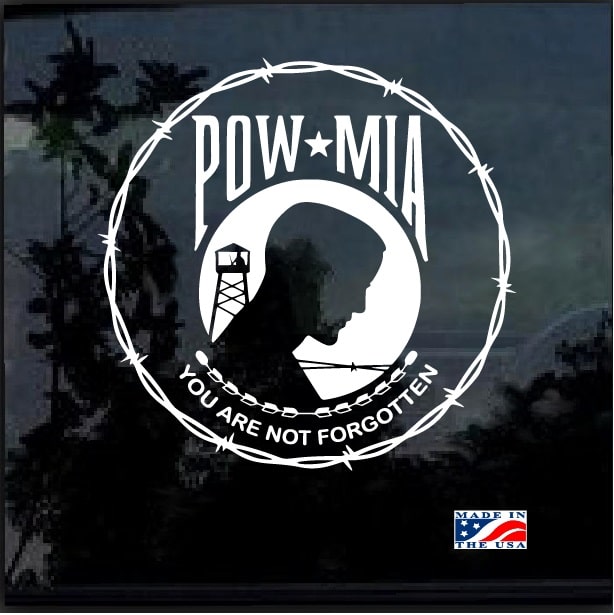 POW MIA Round Barbed Wire window Decal Sticker | MADE IN USA