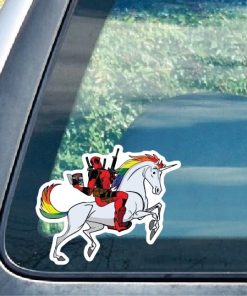 Deadpool Riding Unicorn Window Decal Sticker