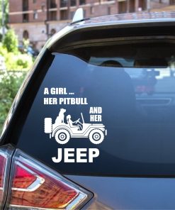 A girl her pitbull and her jeep window decal