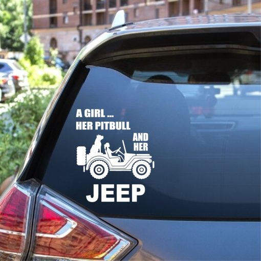 A girl her pitbull and her jeep window decal