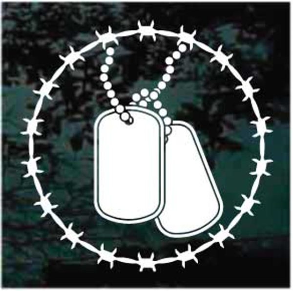 Military dog tags barb wire decal sticker