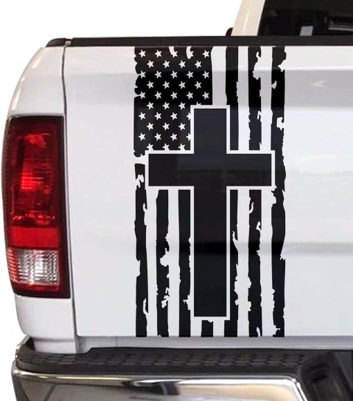 Cross Weathered American Flag Tailgate Decal Sticker