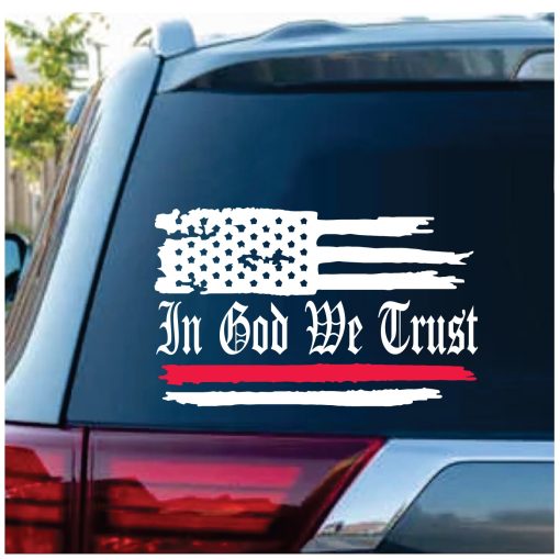 In God We Trust Thin Red Line Fireman Weathered Flag Window Decal Sticker
