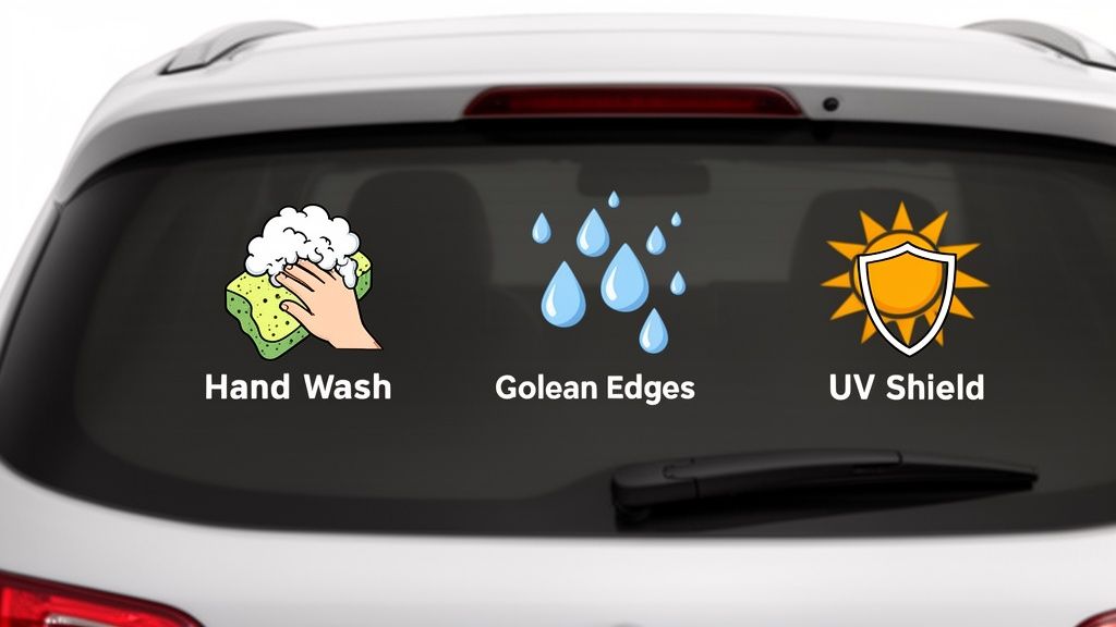 Icons on a car's rear window illustrating hand wash, water-resistant, and UV shield features of quality decals.