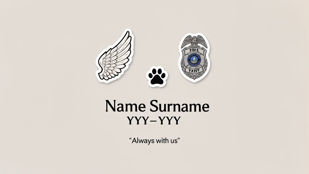 Memorial graphic featuring a wing, paw print, and a badge, with text for a name, dates, and 'Always with us'.