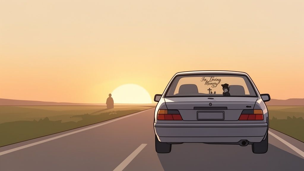 A car with a memorial decal drives on a road towards a sunset and a lone figure.