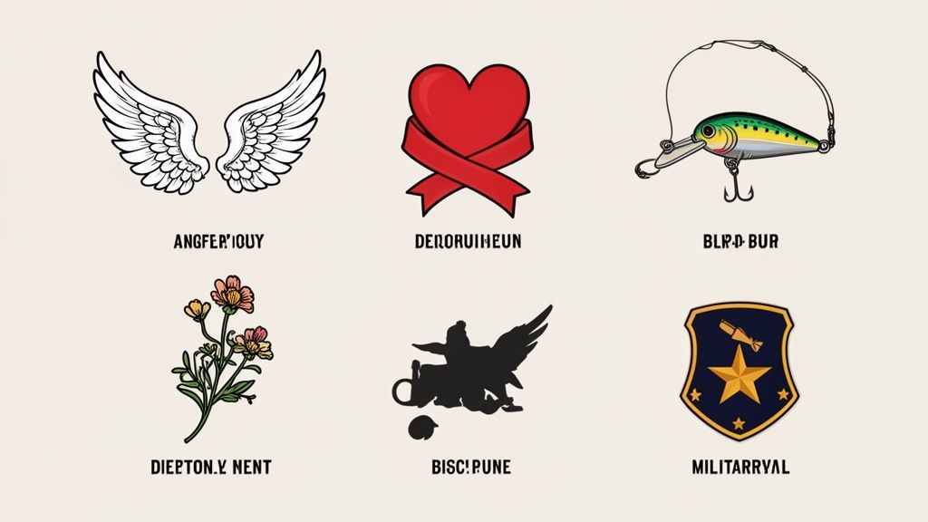 Six different graphic designs featuring angel wings, a heart, a fishing lure, flowers, and a military shield.