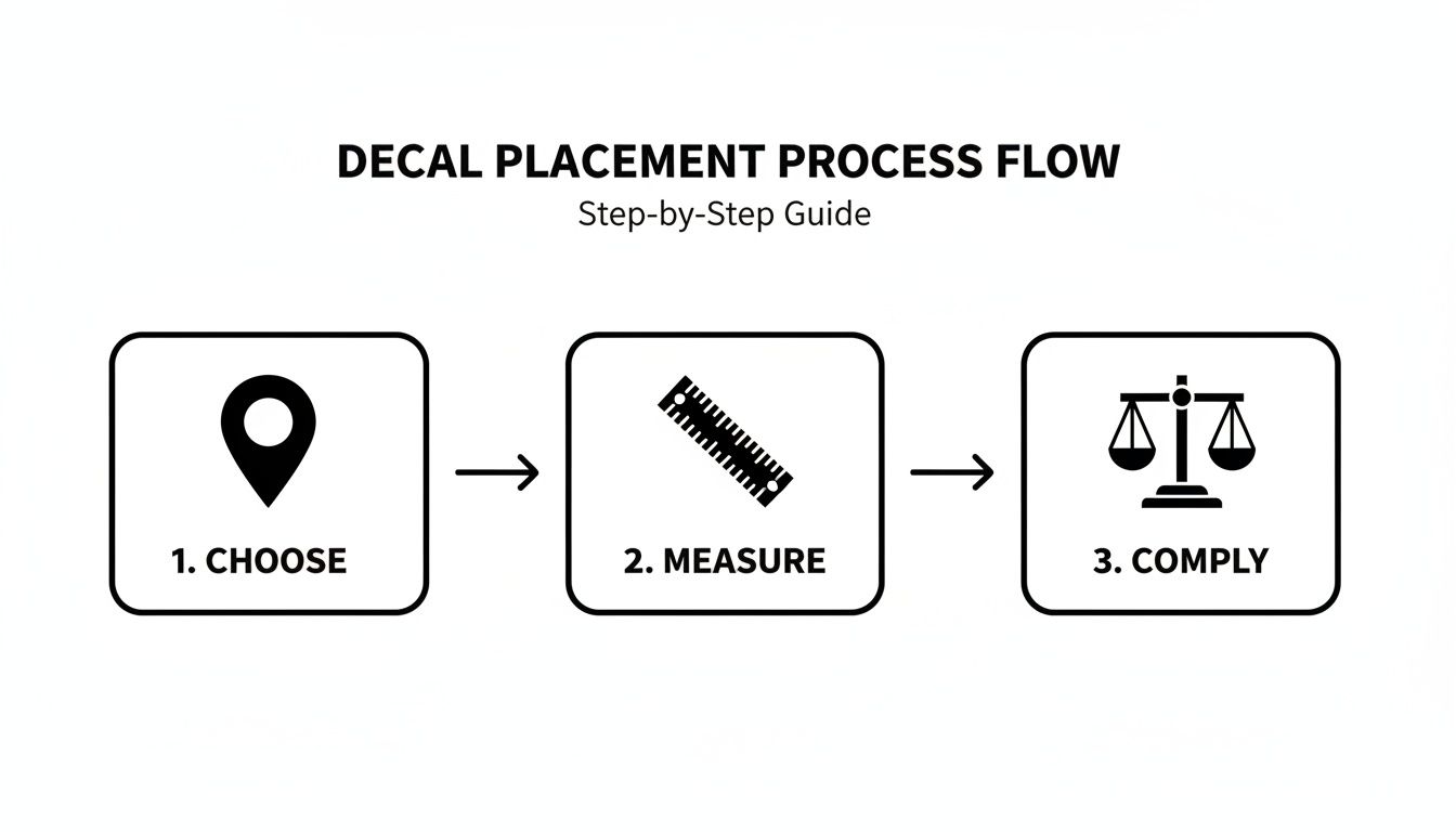 A step-by-step guide for decal placement process flow, showing choosing, measuring, and complying.