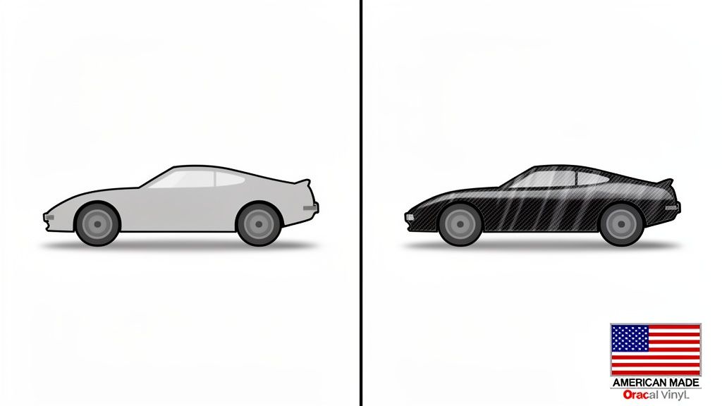 A grey car and a black car with carbon fiber stripes, side-by-side, promoting Oracal vinyl.