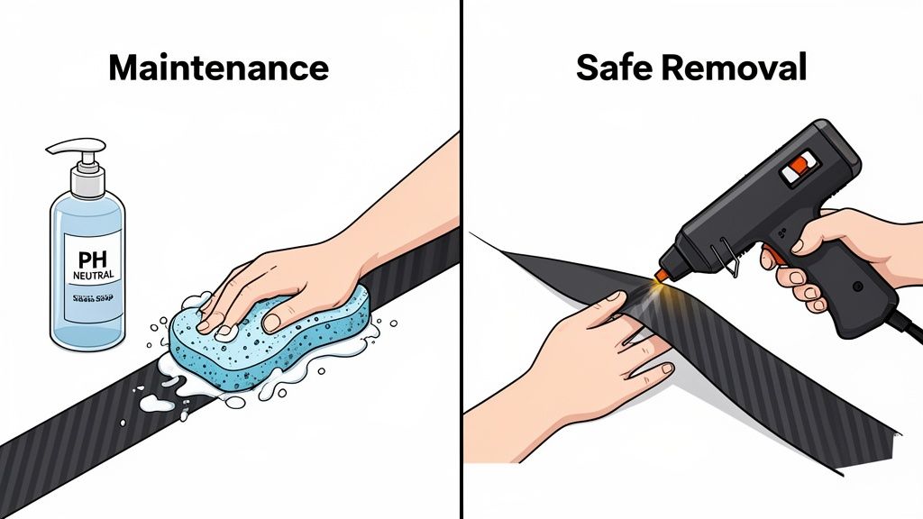 Hands demonstrating maintenance with soap and safe removal with a hot glue gun for carbon fiber stripes.