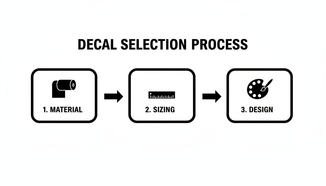 Diagram illustrating the decal selection process with three steps: material, sizing, and design.