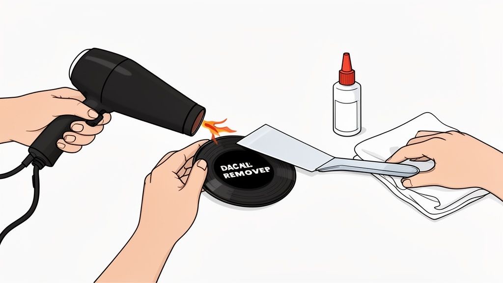 Hands using a hairdryer to heat a 'DECAL REMOVER' disc, with a spatula, liquid, and cloth nearby.