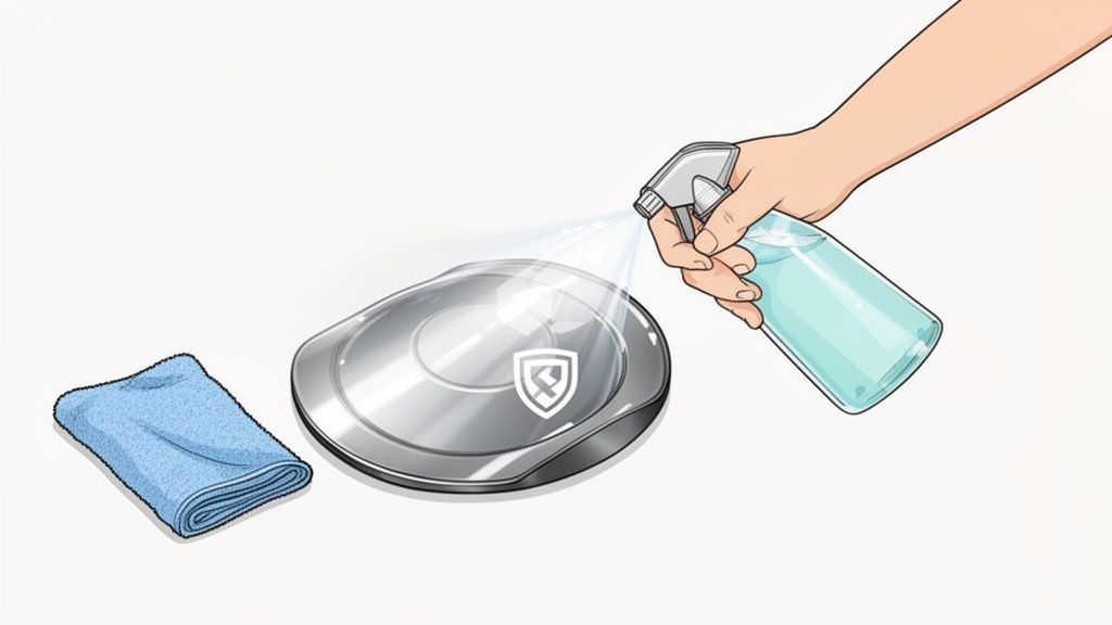 A hand sprays cleaning liquid onto a sleek metallic device next to a folded blue cloth.