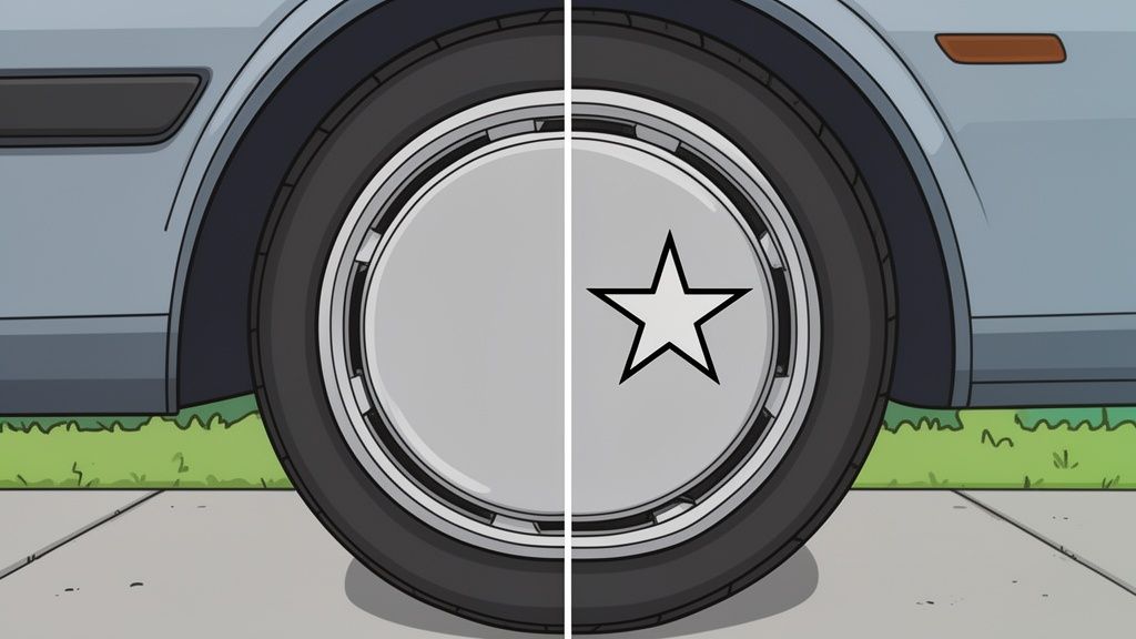 Split image of a car wheel, left side plain, right side with a white star center cap decal.