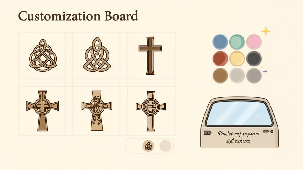 A customization board displaying various Celtic knot and cross designs, a color palette, and a car with a decal.