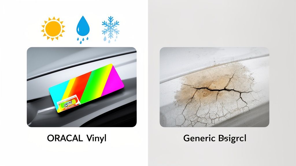 Comparison of durable ORACAL vinyl on a car with sun, rain, and snow icons versus cracked generic car surface.