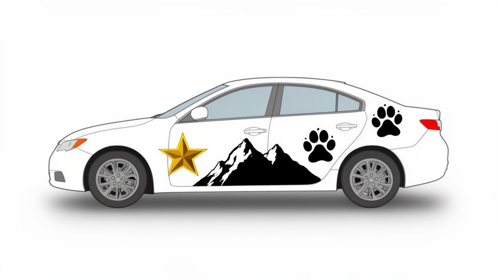 White car with a golden star, black mountains, and paw print vinyl decals on its side.