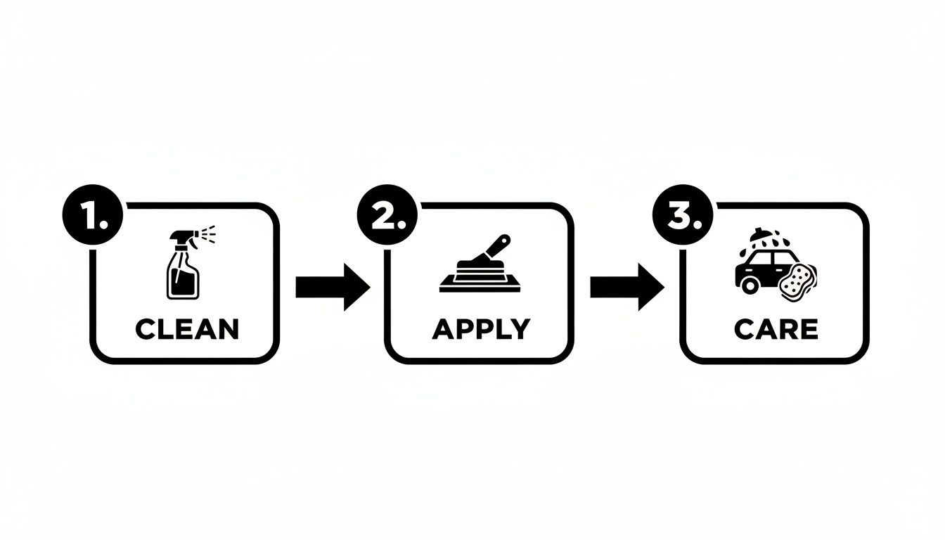 A three-step process diagram with icons: 1. Clean (spray bottle), 2. Apply (tool), 3. Care (car wash).