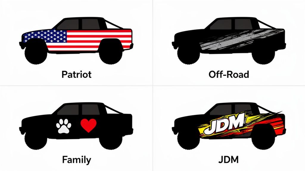 Four custom truck designs featuring Patriot flag, Off-Road abstract, Family paw print, and JDM graphics.