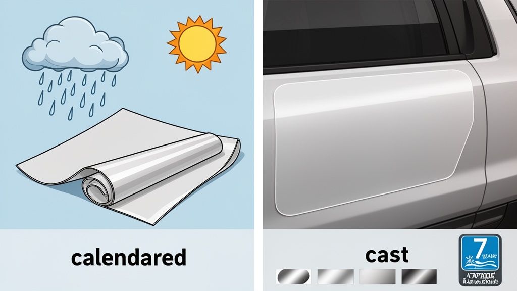 Illustration comparing calendared and cast vinyl films, showing weather resistance and car protection application.