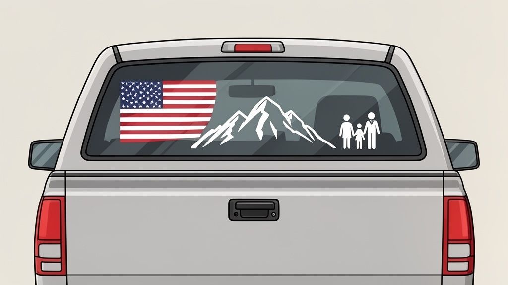 Back of a light gray pickup truck with American flag, mountain, and family stick figure decals on the rear window.