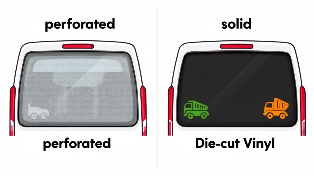 Comparison of perforated window film with white truck decal and solid window with colorful die-cut vinyl truck decals.