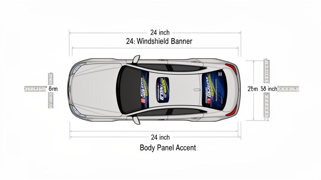 Top-down view of a white car with dimensions and measurements for custom vinyl windshield banners and body panel accents.