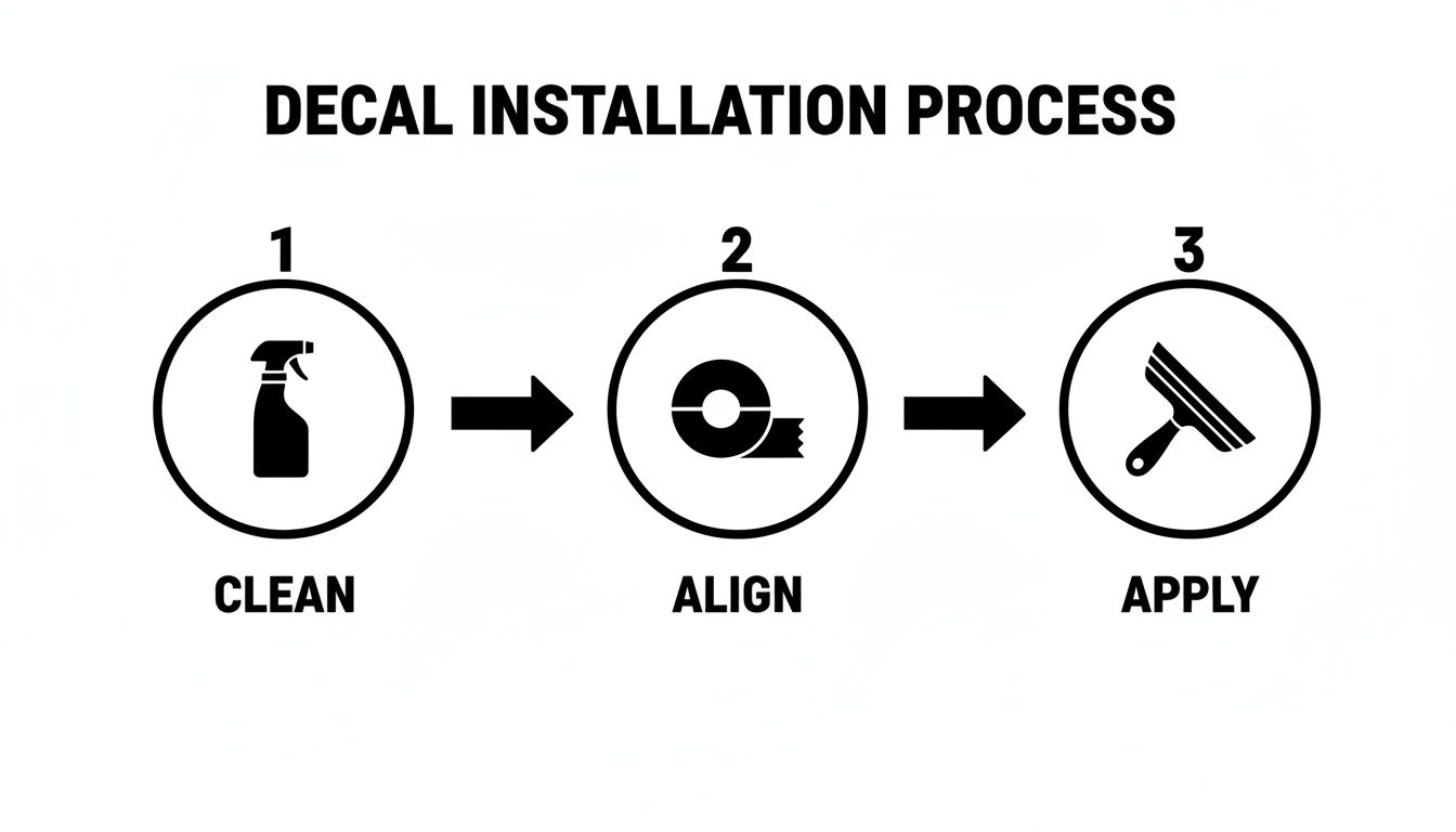 A visual guide illustrating the three-step decal installation process: clean, align, and apply.