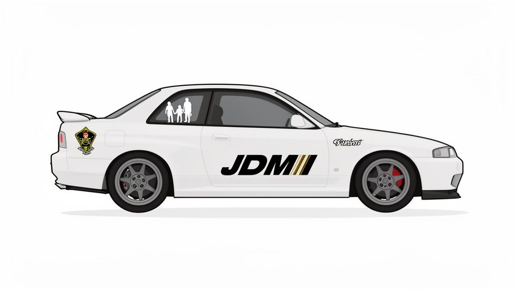 A white JDM car features custom decals, including a family, "JDM" logo, and a shield emblem.