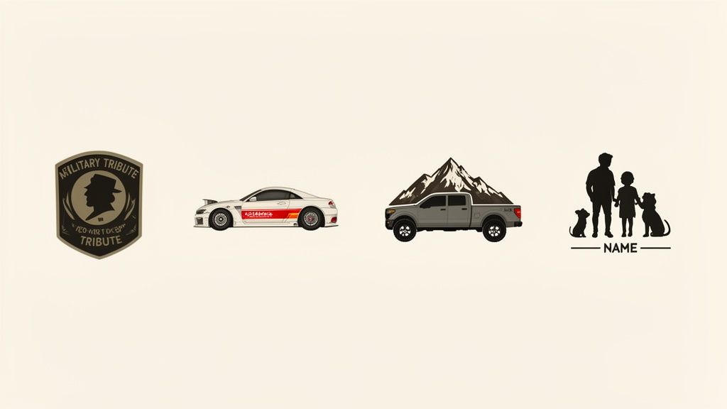 Four custom graphic designs: a military badge, a sports car, a mountain pickup truck, and a family silhouette.