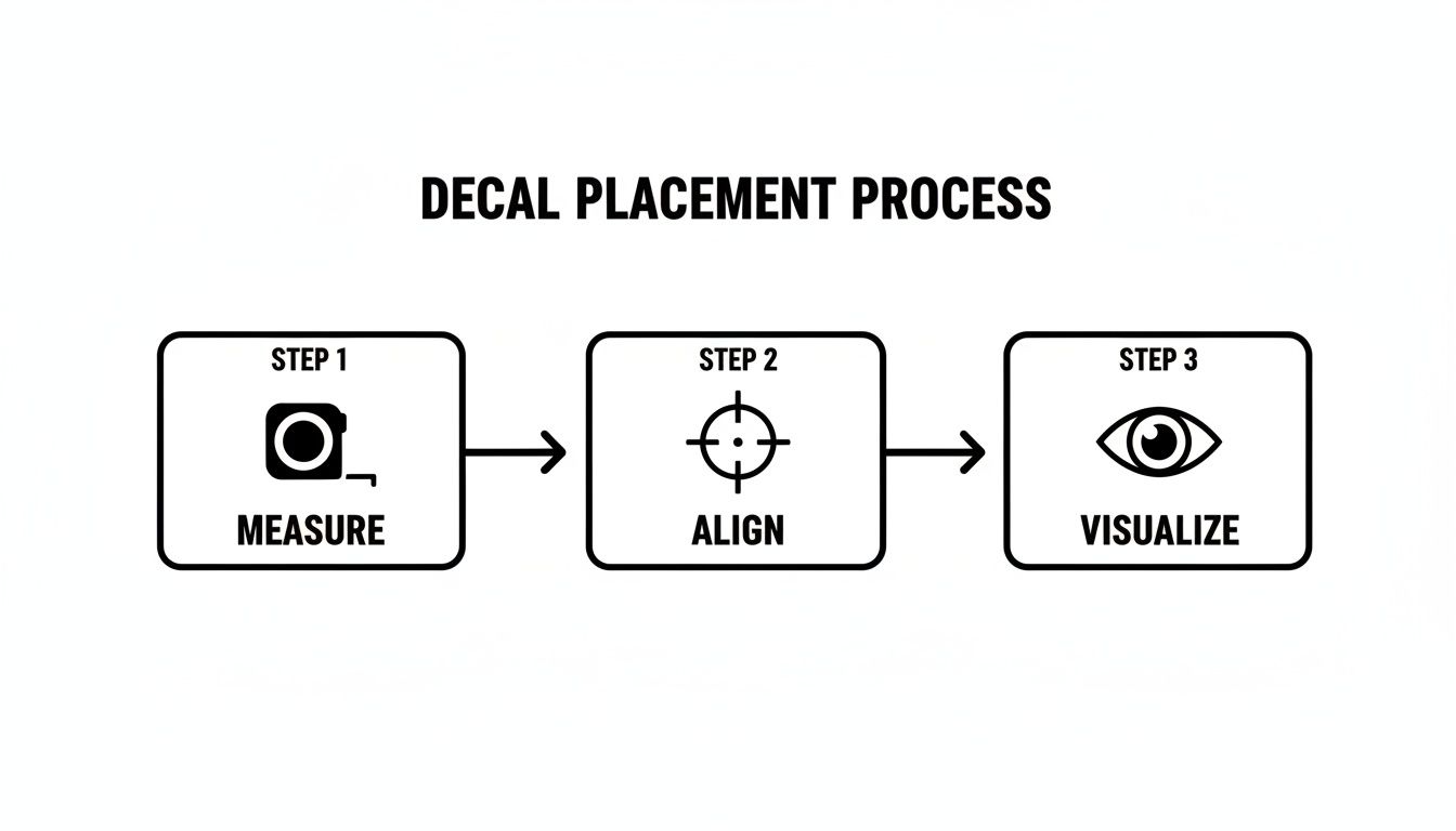 A diagram illustrating the three-step decal placement process: measure, align, and visualize.