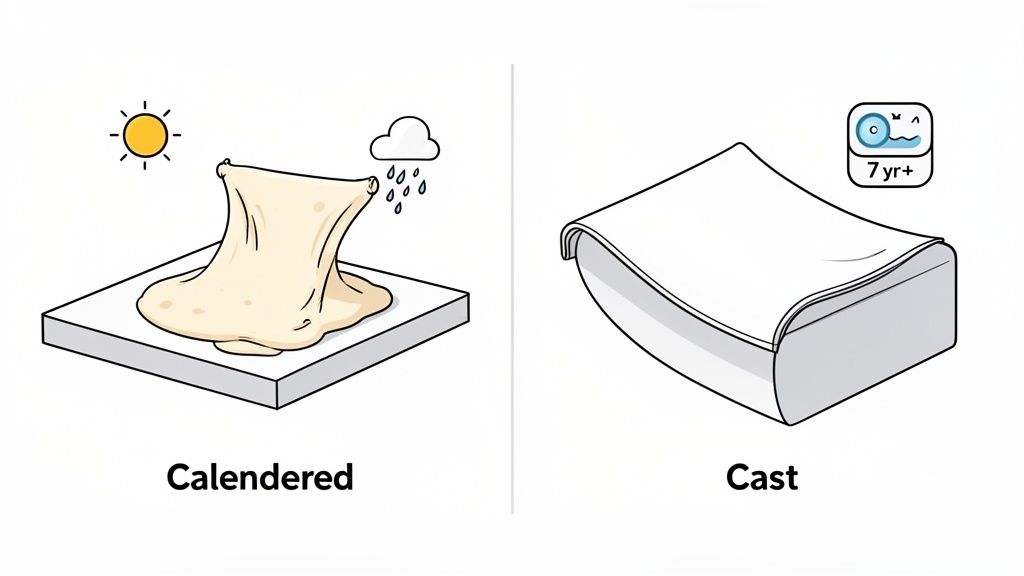 Illustration comparing calendered and cast vinyl films, showing durability differences with weather icons and lifespan.