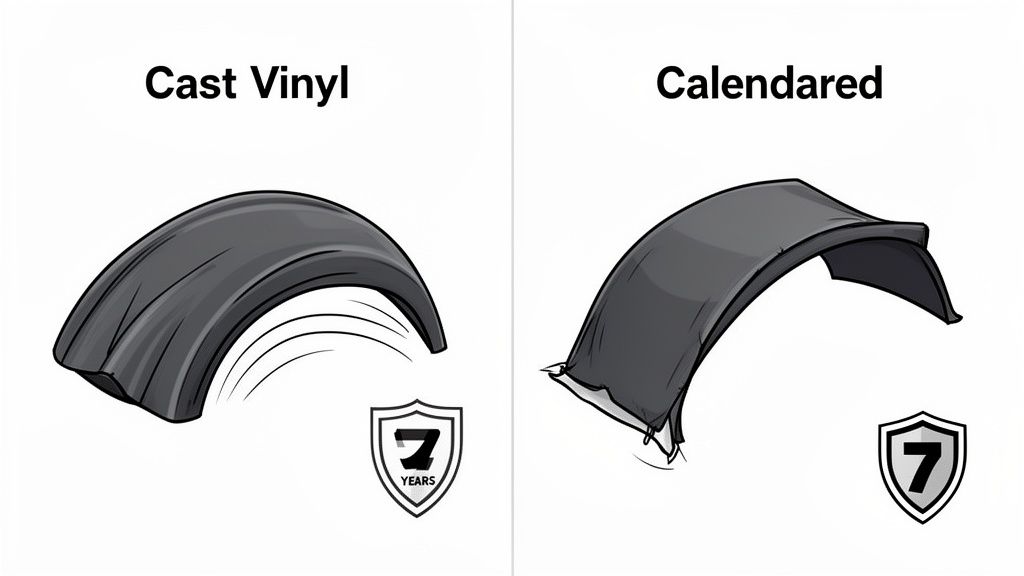 Illustration comparing smooth cast vinyl and stiffer calendared vinyl, both rated for 7 years of durability.