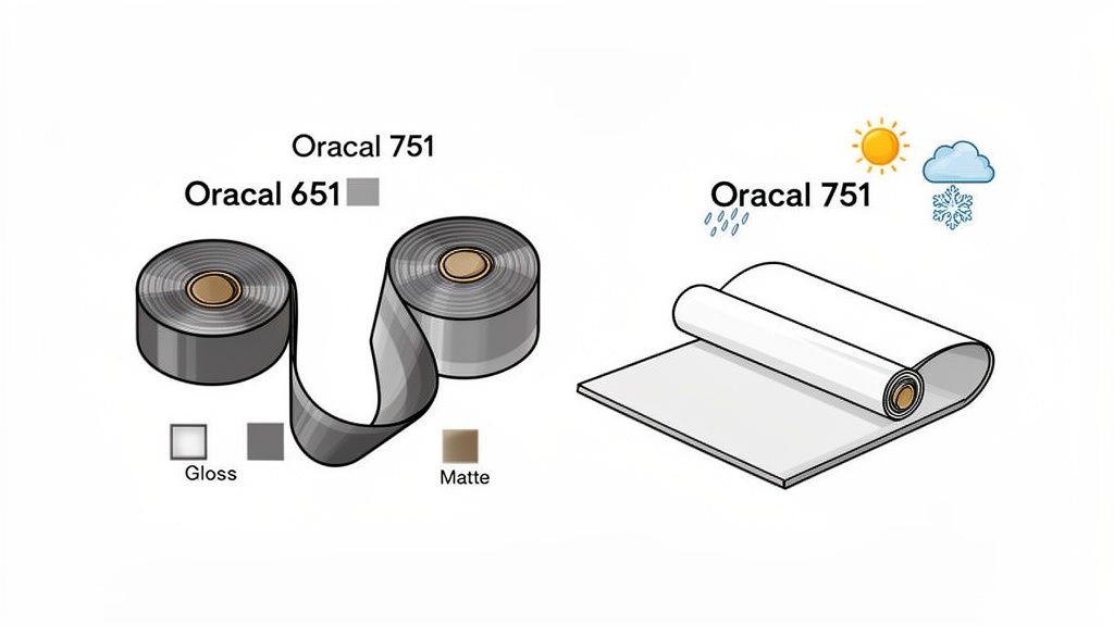 Comparison of Oracal 651 vinyl rolls in gloss and matte finishes, and Oracal 751 vinyl for outdoor use.