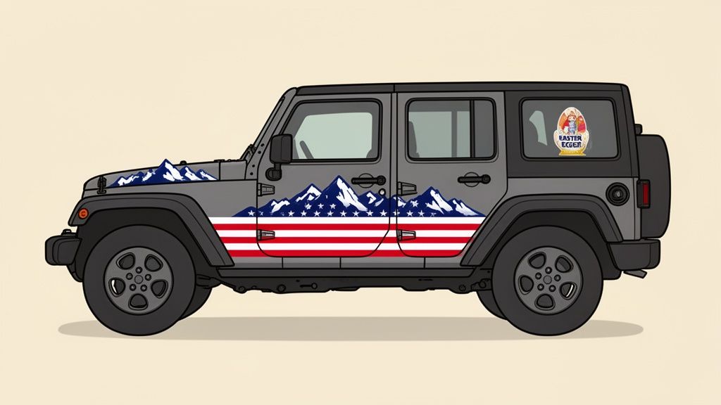 A gray Jeep Wrangler featuring an American flag and mountain decal, plus an 'Easter Egger' sticker.