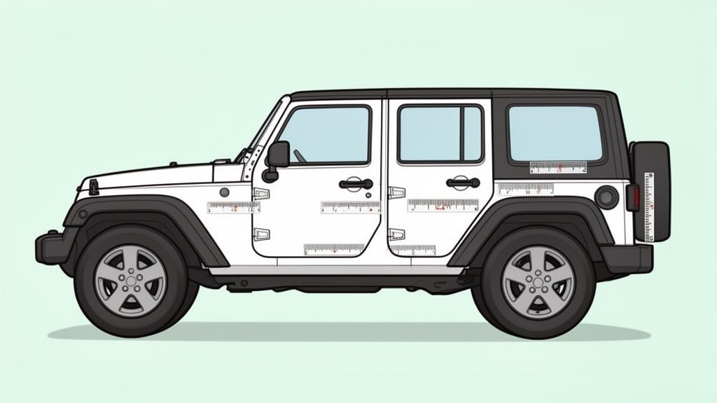 A white Jeep Wrangler with black roof and fender flares, featuring multiple ruler decals on its body.