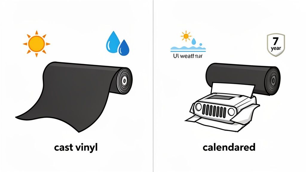 An illustration comparing cast vinyl and calendared vinyl, highlighting weather resistance and durability.