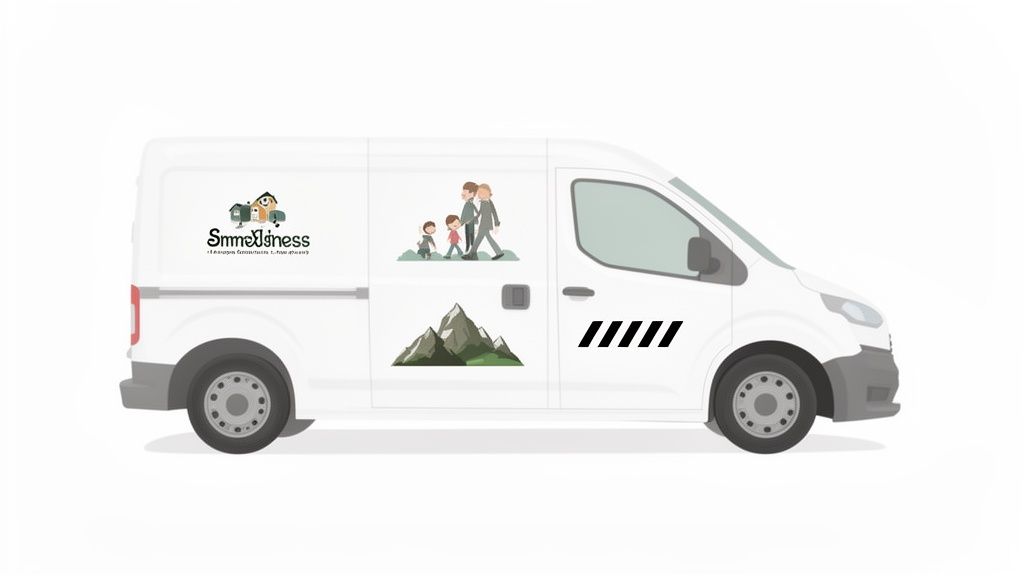 A white delivery van showcasing various decals: a Smedjigness logo, a walking family, mountains, and black stripes.
