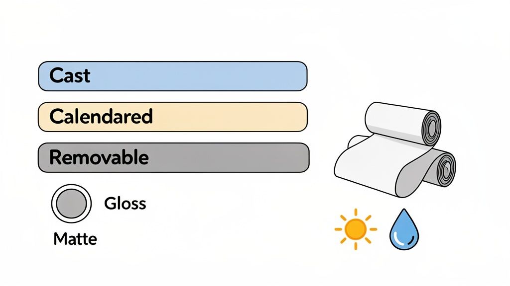 A graphic illustrating types of vinyl film: Cast, Calendared, Removable, with Gloss/Matte finishes, and sun/water resistance.