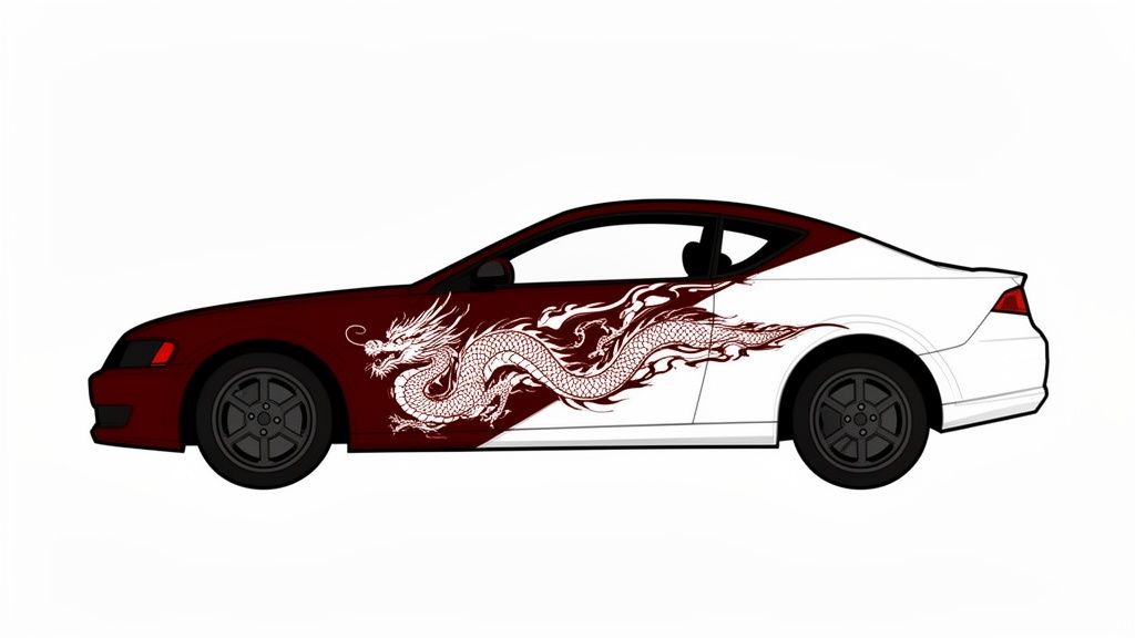 A maroon and white two-door coupe car with a large white dragon decal on its side.
