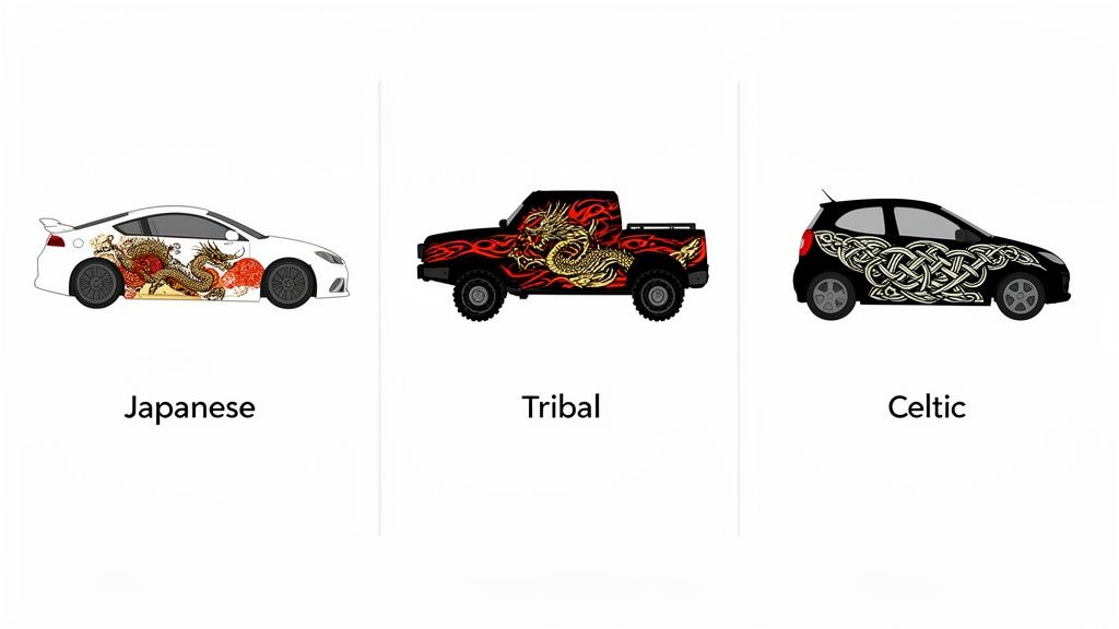 Three cars showcase distinct custom decals: Japanese dragon, Tribal dragon, and Celtic knotwork designs.