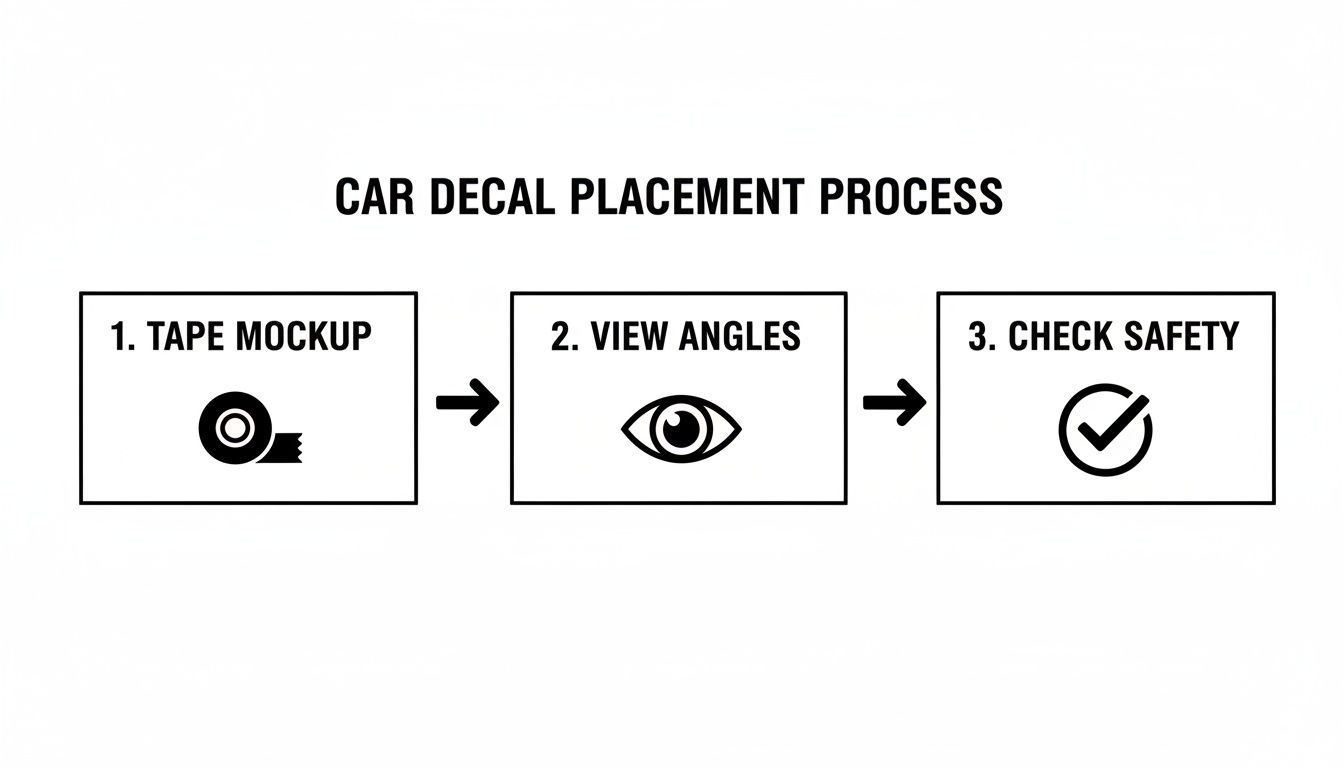 A three-step flowchart illustrating the car decal placement process: tape mockup, view angles, and check safety.