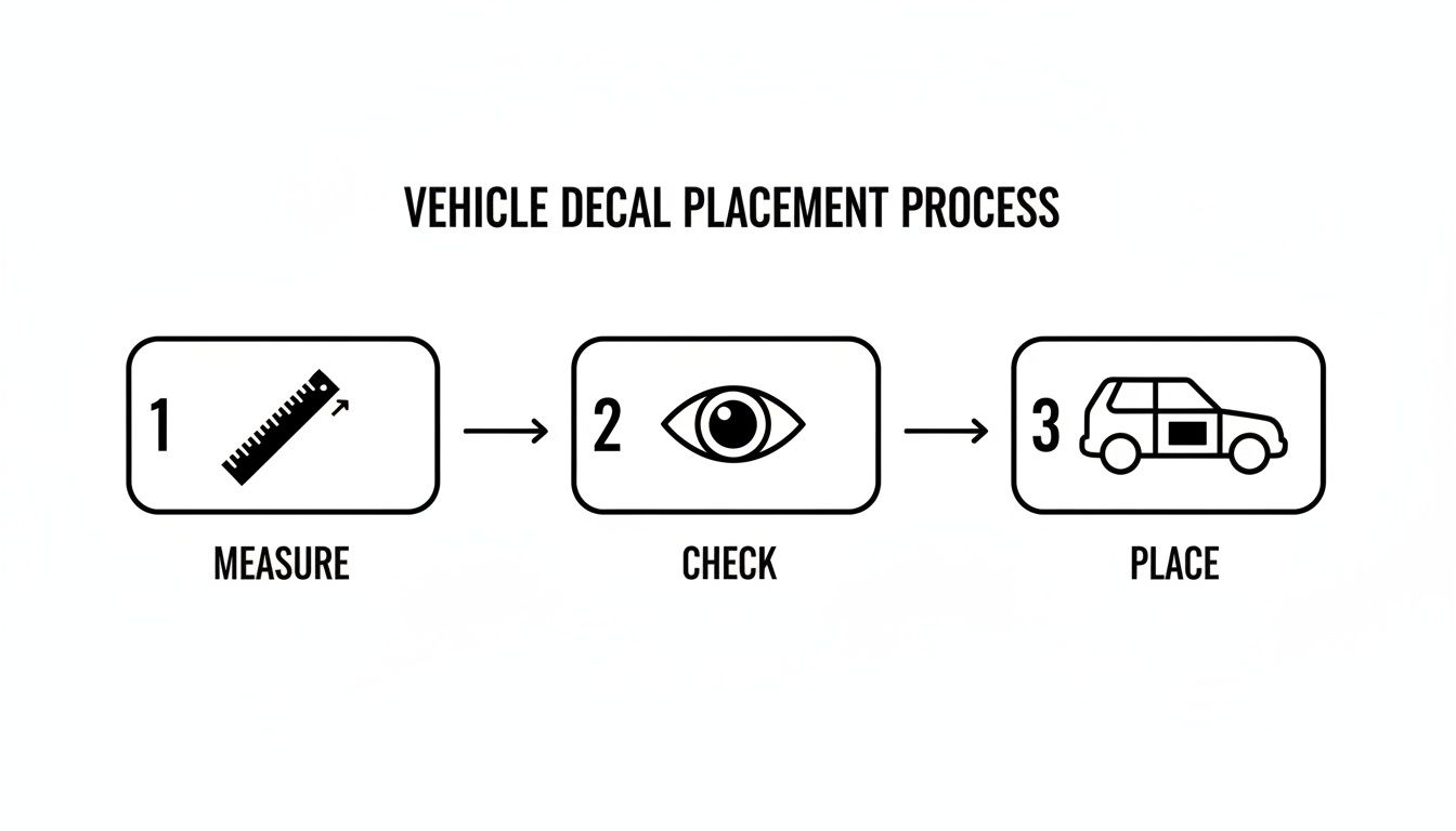 Flowchart illustrating the vehicle decal placement process with three steps: measure, check, and place.